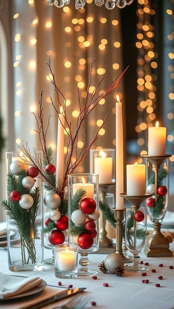Christmas table decor with glass vases filled with ornaments and greenery.
